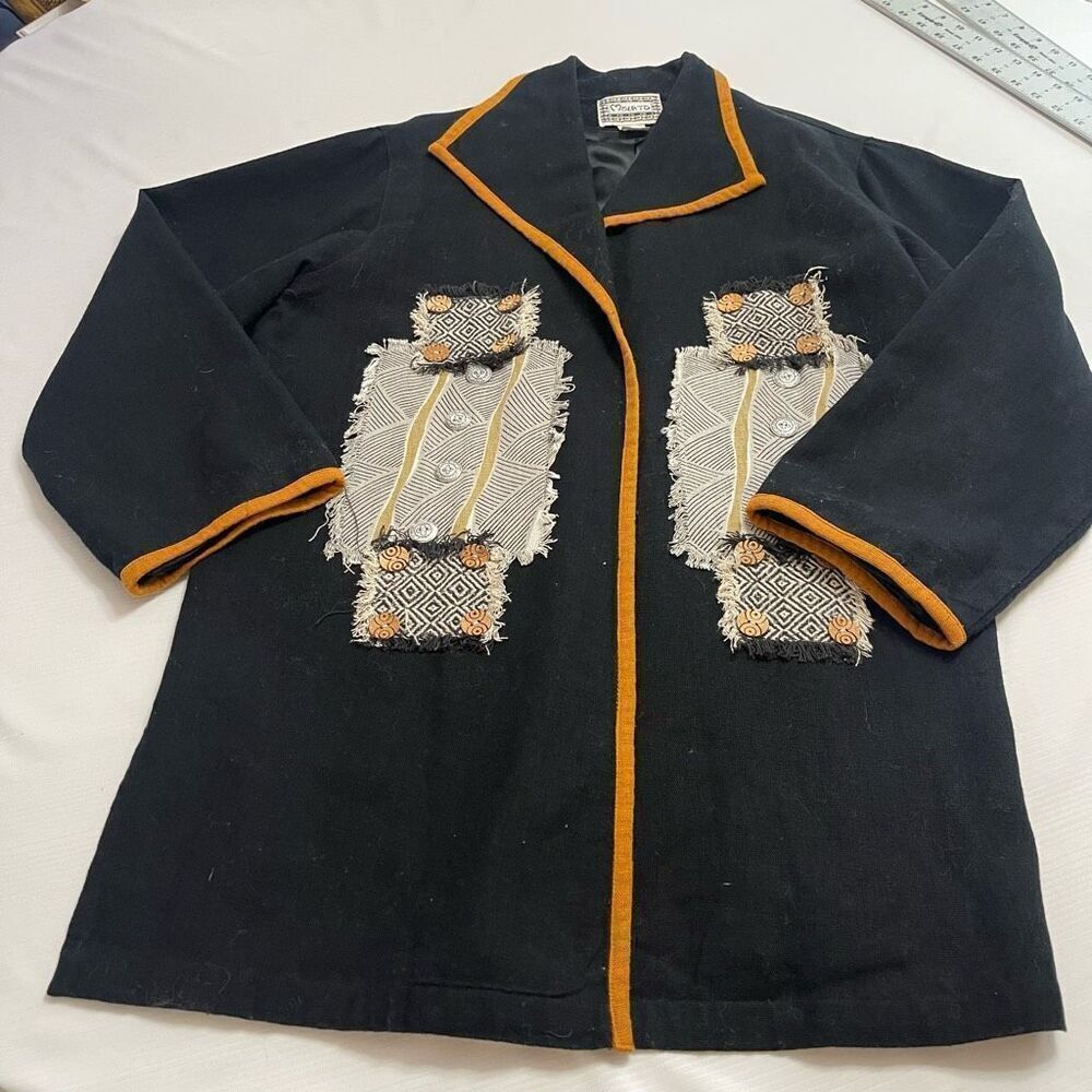 Molato Embroidered Black Lagenlook Art To Wear VTG Duster Jacket Size Medium